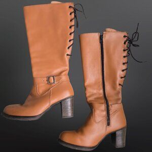 Vintage Lace Up Knee High Leather boots Heels Size 6 Tan Brown Buckles